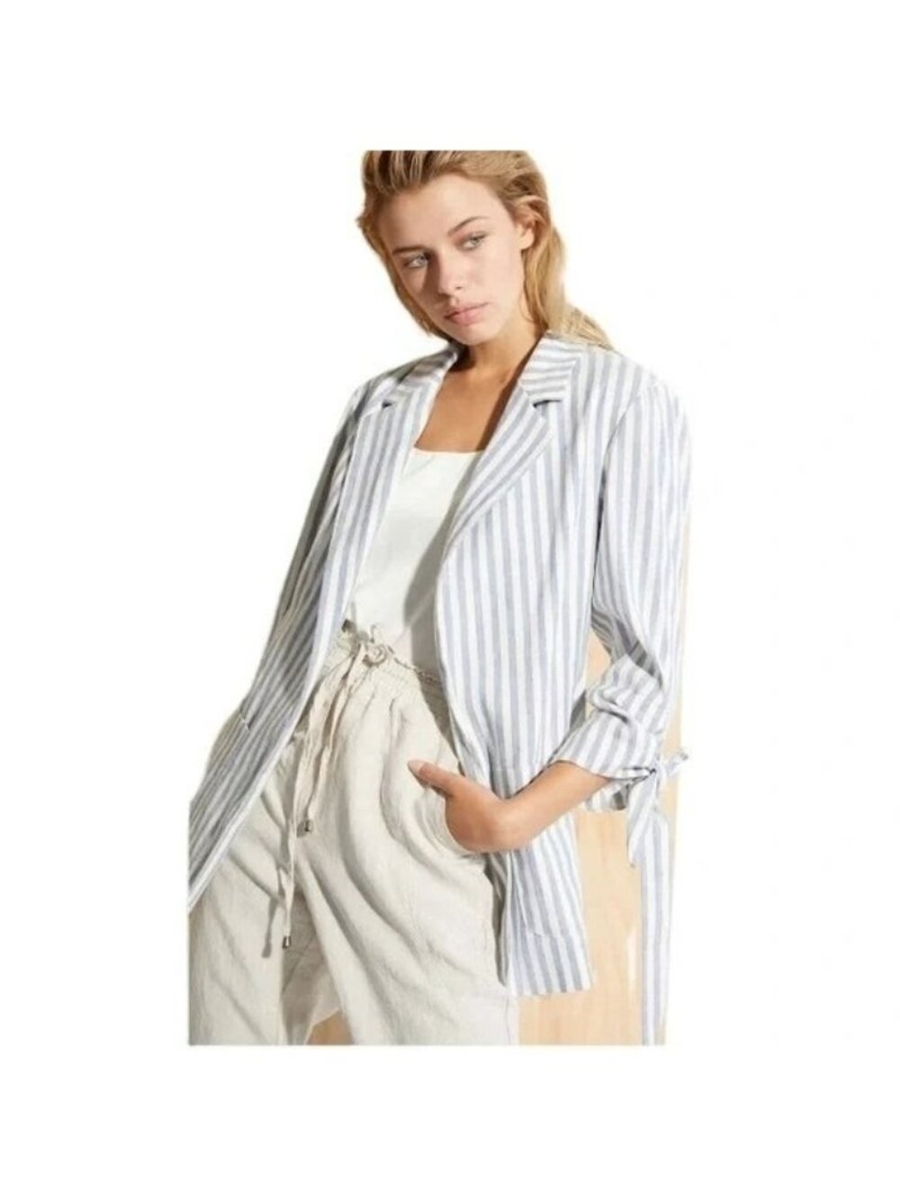 Anthro Melissa Nepton Womens Blue Striped Linen Blend Tie Sleeves Open Blazer S